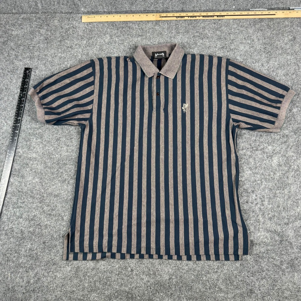 Ashworth Polo Mens Size M Cotton Blue Tan Striped Short Sleeve Golf Shirt Hole